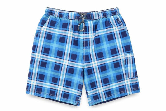 Front view of Atlantic Bay men’s blue check polyester bermuda shorts, size M, 9-inch leg regular drawstring