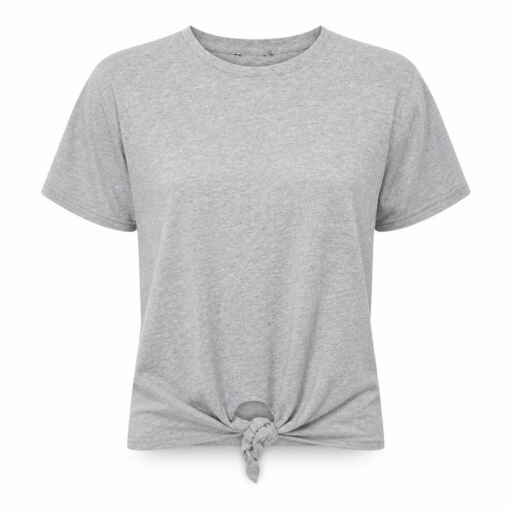 Front view of New Look women’s grey cotton basic t-shirt, size UK 6, round neck - knot detail