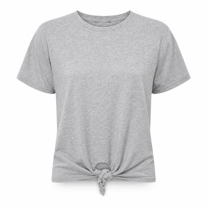 Front view of New Look women’s grey cotton basic t-shirt, size UK 6, round neck - knot detail