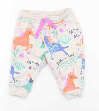 NEXT Girls Ivory Geometric Cotton Jogger Trousers Size 3-6 Months  Drawstring - Unicorns