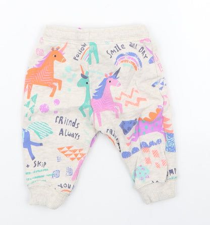 NEXT Girls Ivory Geometric Cotton Jogger Trousers Size 3-6 Months  Drawstring - Unicorns