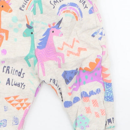 NEXT Girls Ivory Geometric Cotton Jogger Trousers Size 3-6 Months  Drawstring - Unicorns