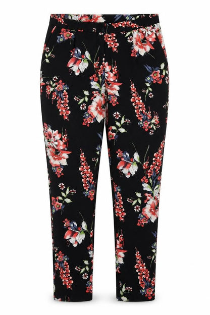 Front view of Moda women’s black floral polyester trousers, size UK 10, 29-inch leg regular zip - flowers