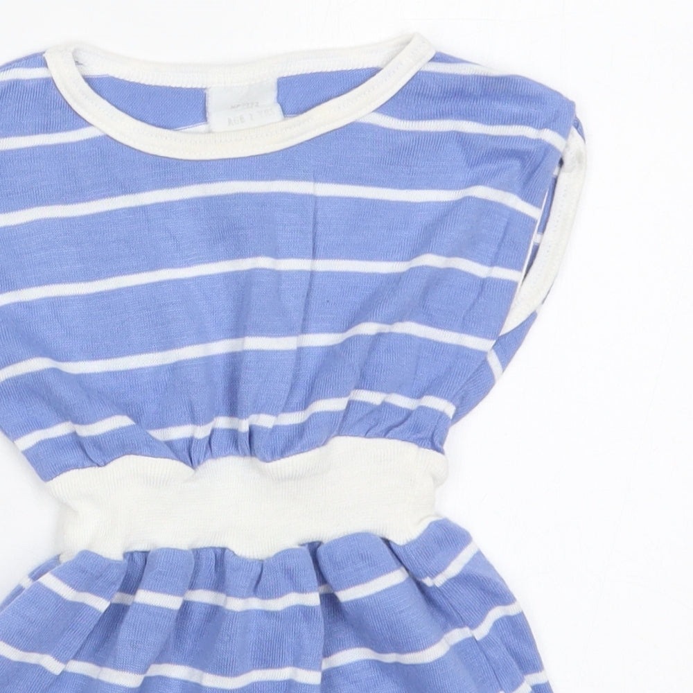 Preworn Girls Blue Striped Cotton Skater Dress  Size 2 Years  Crew Neck Pullover