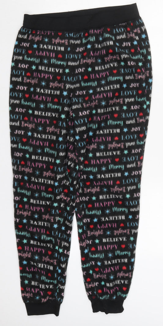 Studio Womens Black Geometric Polyester Trousers  Size 12 L27 in Regular  - Happy Love Believe Pyjama Pants