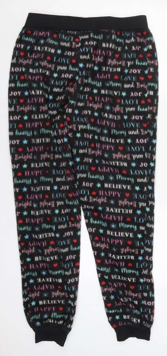 Studio Womens Black Geometric Polyester Trousers  Size 12 L27 in Regular  - Happy Love Believe Pyjama Pants
