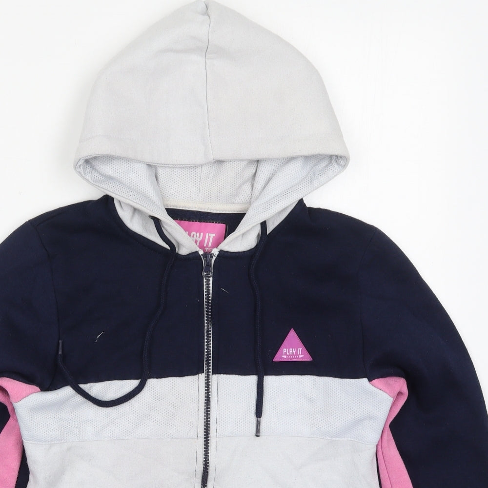 Play it Womens Blue Colourblock Cotton Full Zip Hoodie Size M  Zip - Pink