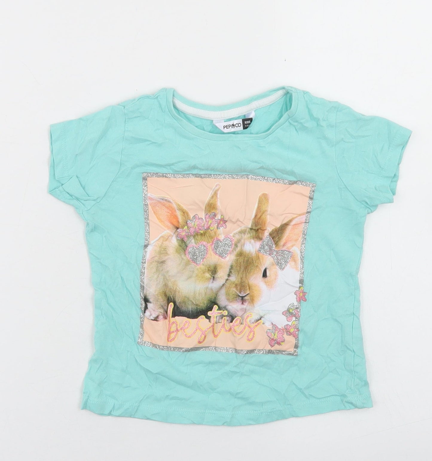 Pep & Co Girls Blue  Cotton Basic T-Shirt Size 3-4 Years Crew Neck  - Rabbits