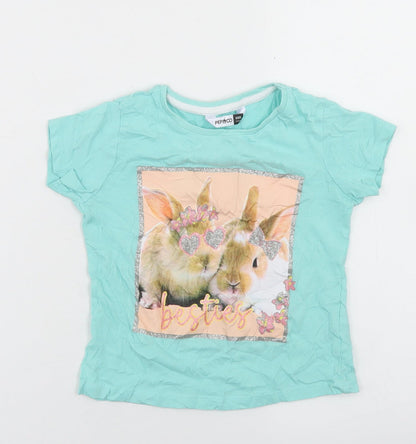 Pep & Co Girls Blue  Cotton Basic T-Shirt Size 3-4 Years Crew Neck  - Rabbits