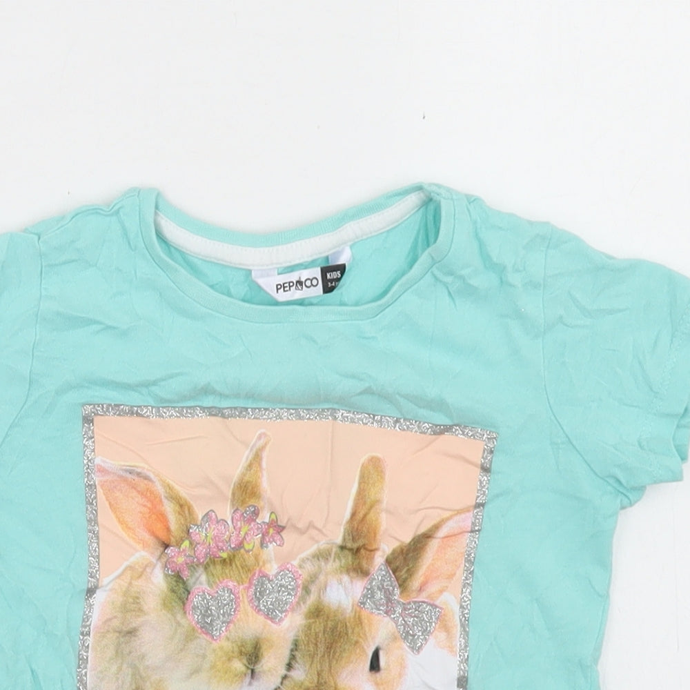 Pep & Co Girls Blue  Cotton Basic T-Shirt Size 3-4 Years Crew Neck  - Rabbits