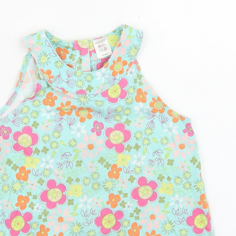 Mini Club Girls Blue Floral Cotton Basic Tank Size 3-4 Years Round Neck Button