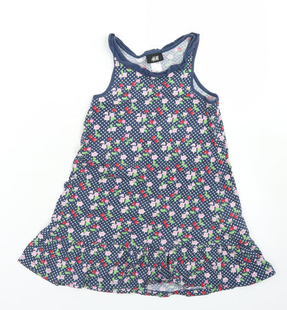 H&M Girls Blue Floral Cotton Trapeze & Swing  Size 5-6 Years  Crew Neck