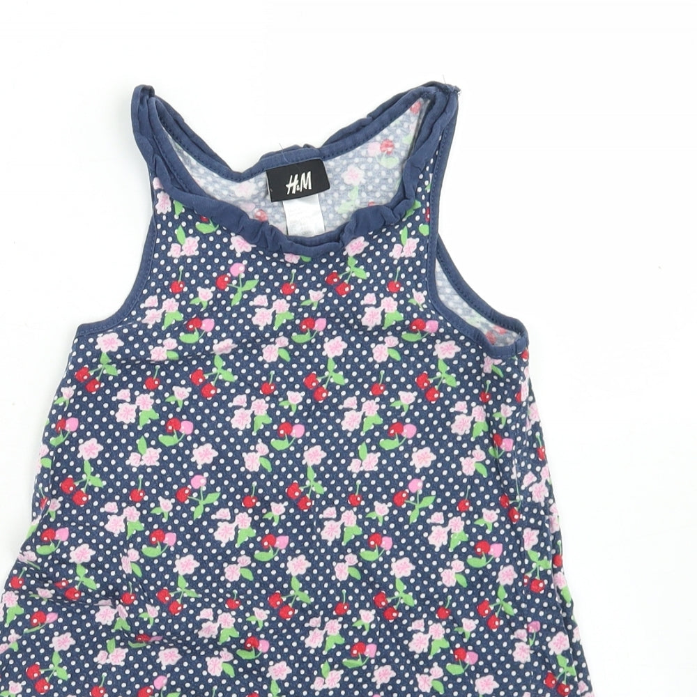 H&M Girls Blue Floral Cotton Trapeze & Swing  Size 5-6 Years  Crew Neck
