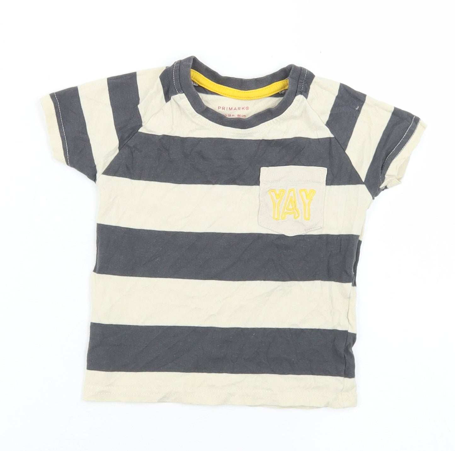 Primark Boys Beige Striped Cotton Basic T-Shirt Size 12-18 Months Crew Neck  - Chest Pocket
