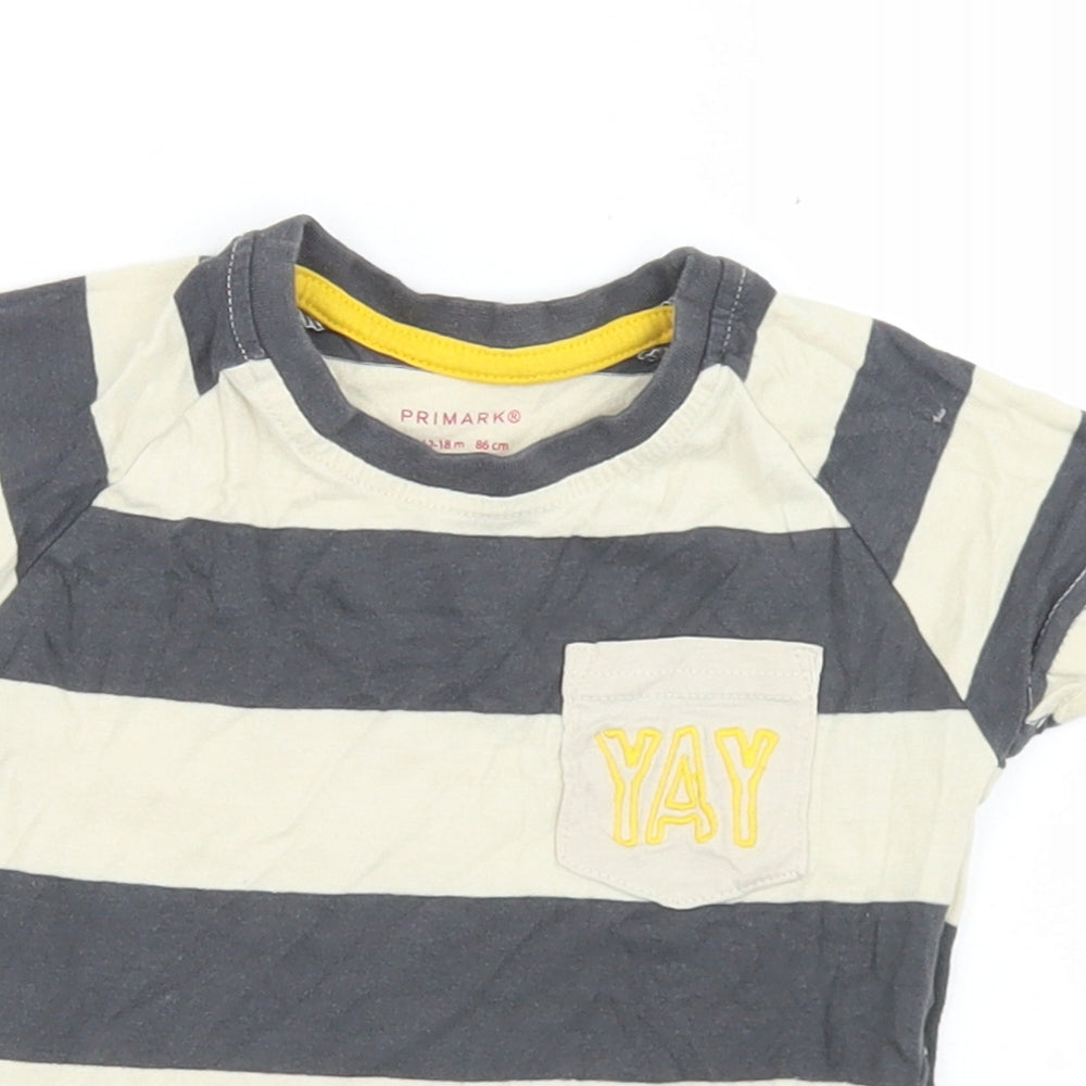 Primark Boys Beige Striped Cotton Basic T-Shirt Size 12-18 Months Crew Neck  - Chest Pocket