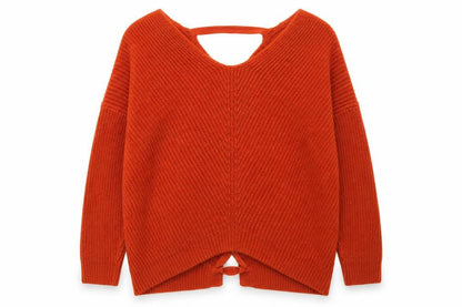 Front view of New Look women’s brown v-neck acetate jumper, size M, - lace up corset style back