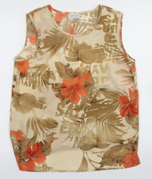 Basler Womens Beige Floral Polyester Basic Blouse Size 14 Round Neck