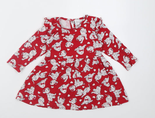 Matalan Girls Red Geometric Cotton A-Line  Size 12-18 Months  Crew Neck Pullover - 101 Dalmatians
