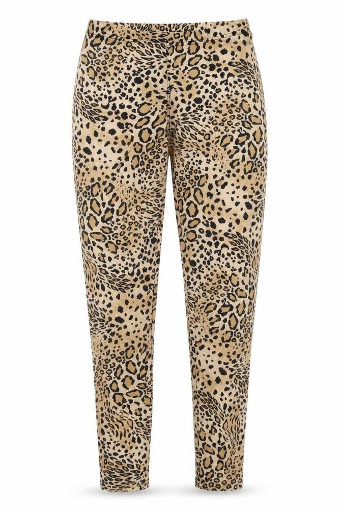 Front view of Miss Selfridge women’s brown animal print polyacrylate fibre capri trousers, size UK 4, 27-inch leg regular