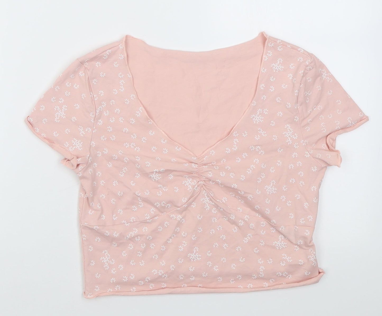 sgein Womens Pink Floral Cotton Cropped T-Shirt Size S V-Neck