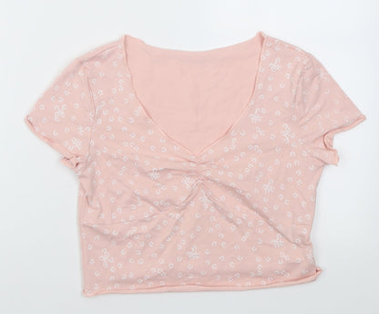 sgein Womens Pink Floral Cotton Cropped T-Shirt Size S V-Neck