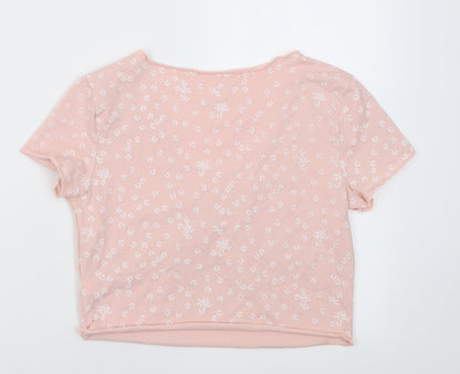 sgein Womens Pink Floral Cotton Cropped T-Shirt Size S V-Neck