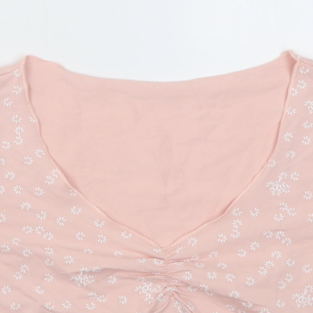 sgein Womens Pink Floral Cotton Cropped T-Shirt Size S V-Neck