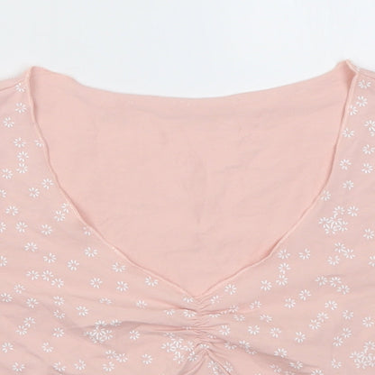 sgein Womens Pink Floral Cotton Cropped T-Shirt Size S V-Neck