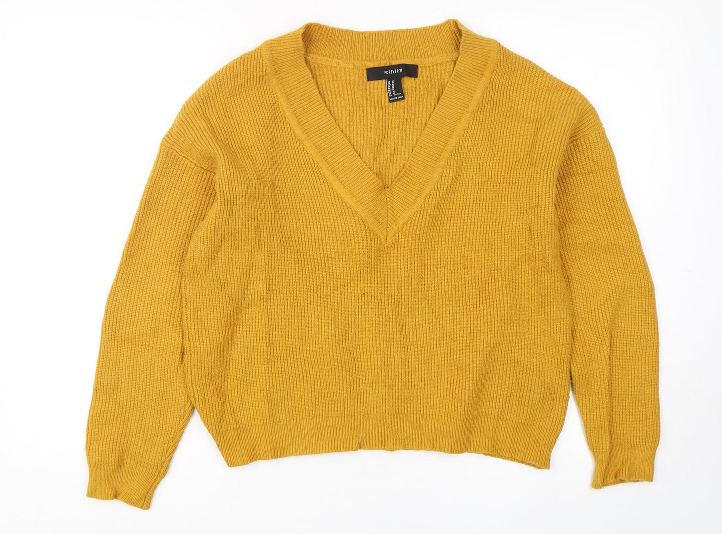 FOREVER 21 Womens Yellow V-Neck  Rayon Pullover Jumper Size M