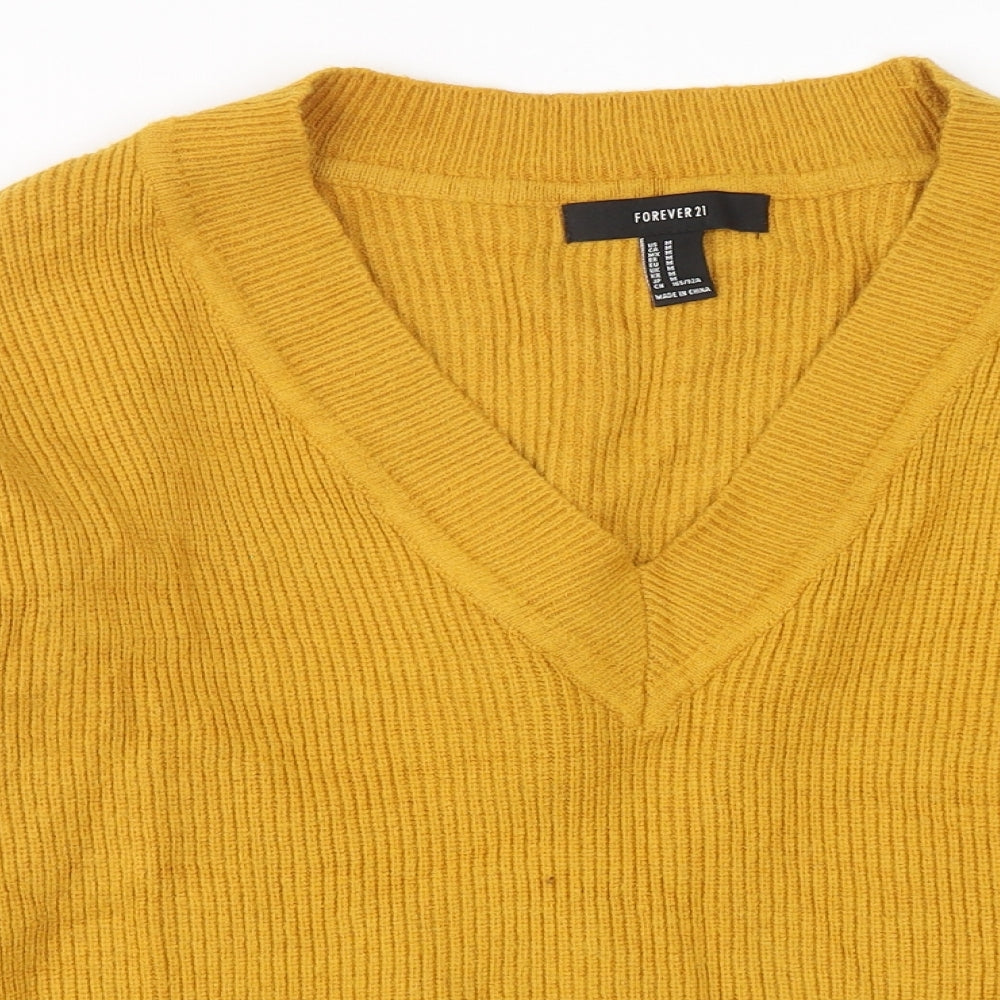 FOREVER 21 Womens Yellow V-Neck  Rayon Pullover Jumper Size M