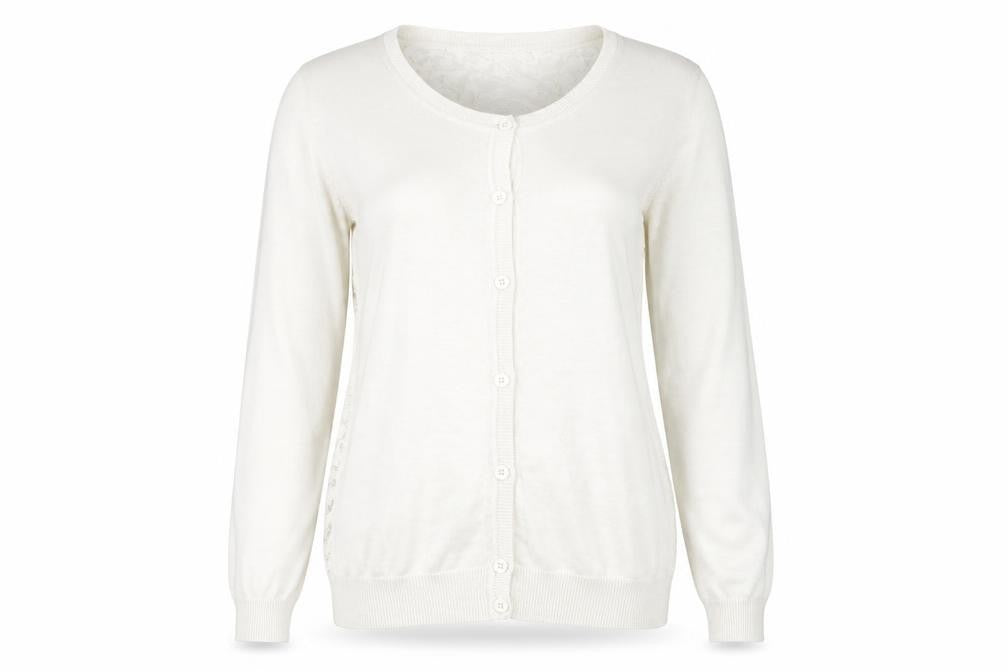 Front view of New Look women’s grey round neck floral cotton cardigan jumper, size UK 10