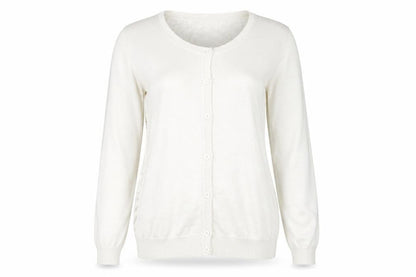 Front view of New Look women’s grey round neck floral cotton cardigan jumper, size UK 10