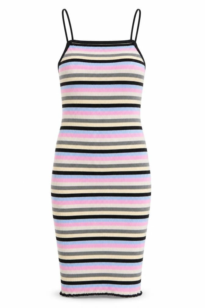 Front view of Topshop women’s multicoloured striped 100% cotton bodycon, size UK 6, high neck pullover