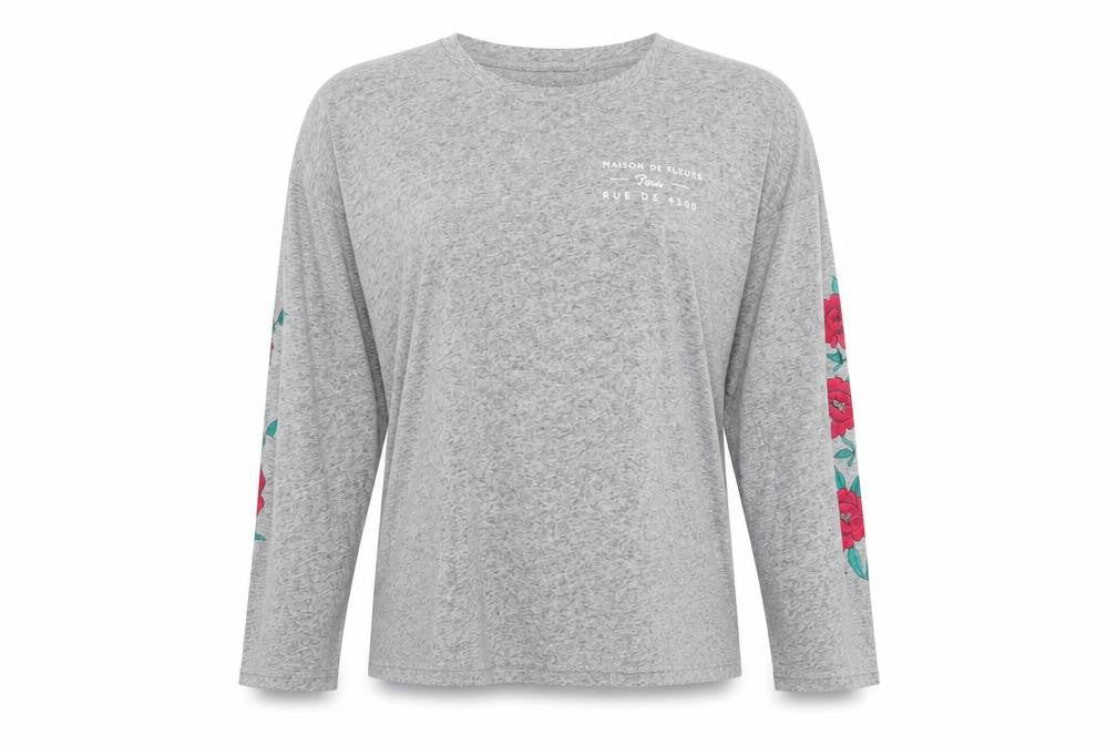 Front view of New Look women’s grey floral polyester jersey t-shirt, size UK 8, round neck - roses