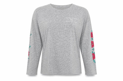 Front view of New Look women’s grey floral polyester jersey t-shirt, size UK 8, round neck - roses