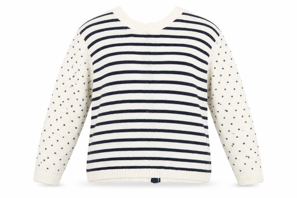Front view of Preworn women’s white round neck striped 100% cotton jumper, size XL