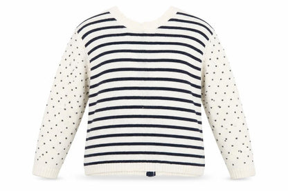 Front view of Preworn women’s white round neck striped 100% cotton jumper, size XL