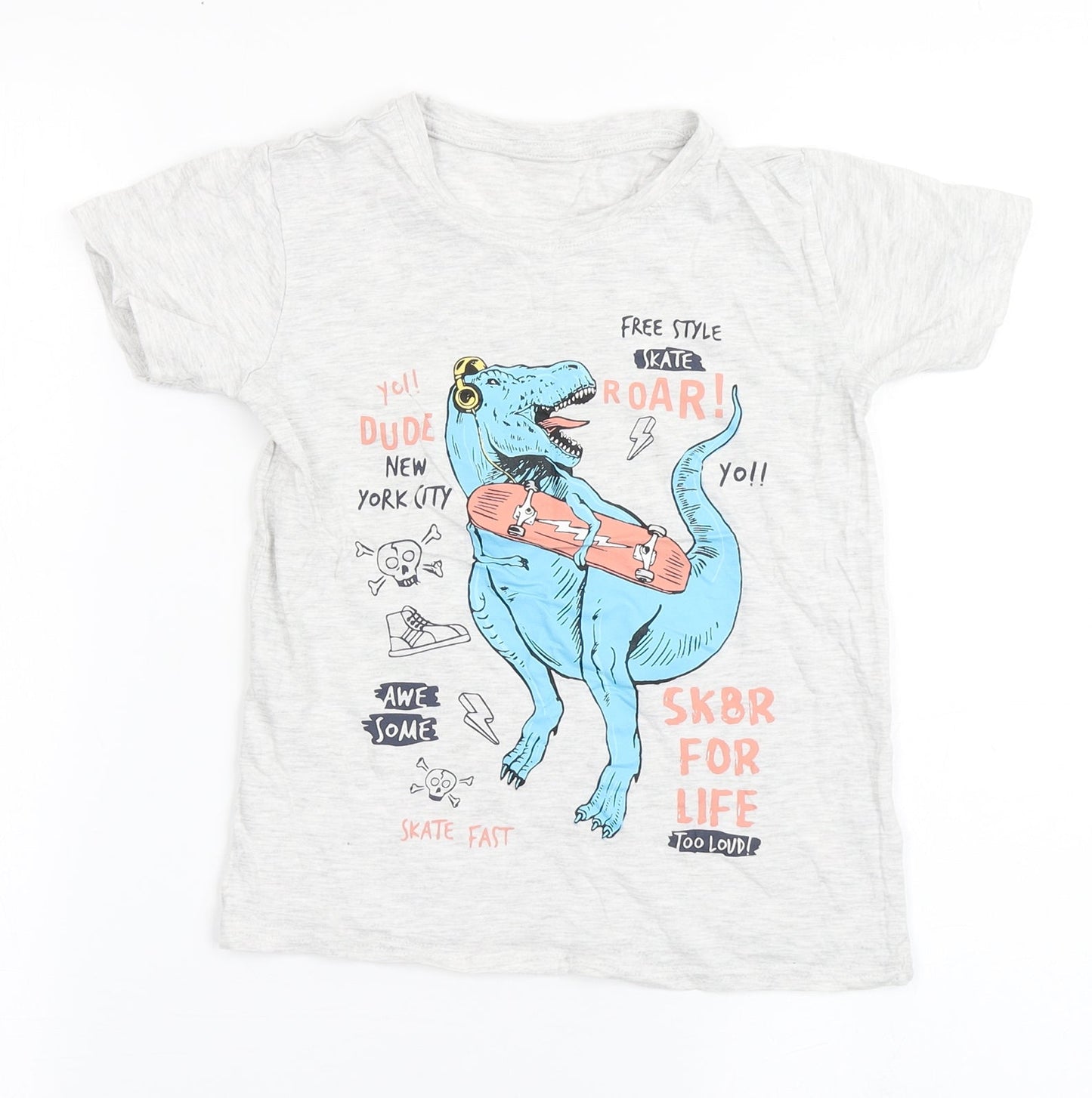 Dunnes Stores Boys Grey  Cotton Basic T-Shirt Size 6 Years Round Neck Pullover - Dinosaur