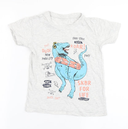 Dunnes Stores Boys Grey  Cotton Basic T-Shirt Size 6 Years Round Neck Pullover - Dinosaur