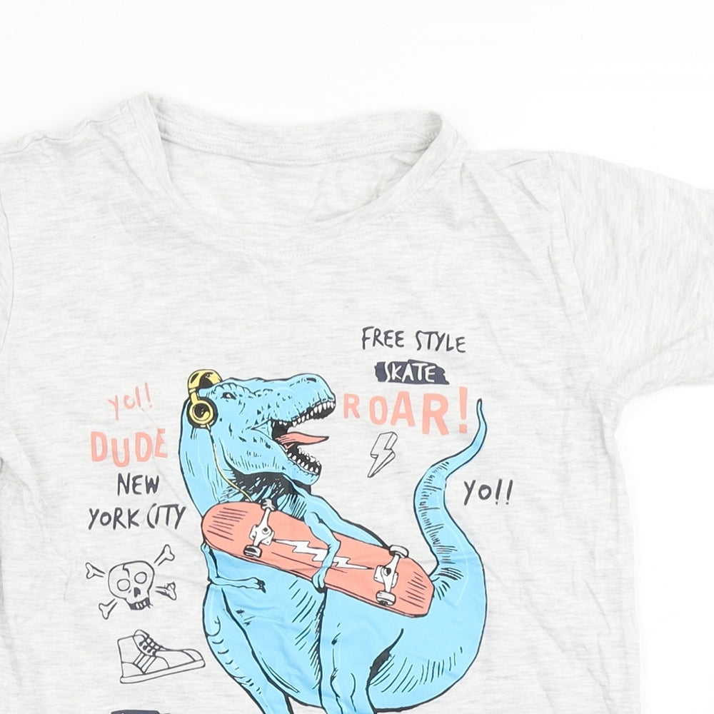 Dunnes Stores Boys Grey  Cotton Basic T-Shirt Size 6 Years Round Neck Pullover - Dinosaur