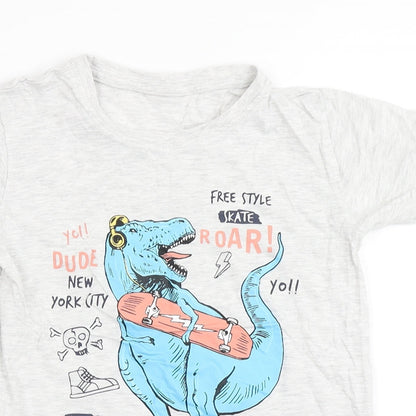 Dunnes Stores Boys Grey  Cotton Basic T-Shirt Size 6 Years Round Neck Pullover - Dinosaur