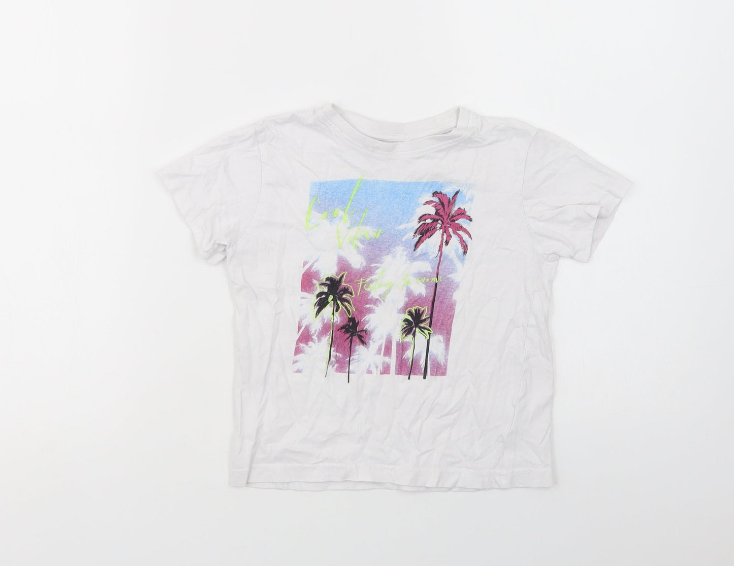 Primark Girls White  Cotton Pullover T-Shirt Size 5-6 Years Crew Neck Pullover - Palm Tree