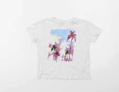 Primark Girls White  Cotton Pullover T-Shirt Size 5-6 Years Crew Neck Pullover - Palm Tree