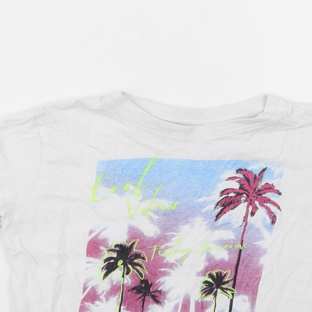 Primark Girls White  Cotton Pullover T-Shirt Size 5-6 Years Crew Neck Pullover - Palm Tree