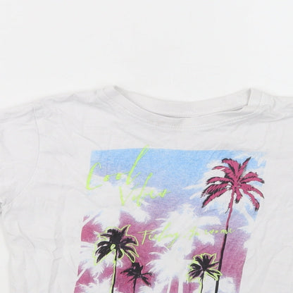 Primark Girls White  Cotton Pullover T-Shirt Size 5-6 Years Crew Neck Pullover - Palm Tree