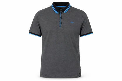 Front view of Urban Spirit men’s grey striped cotton polo, size S, collared button
