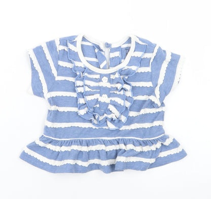 Kapital K Girls Blue Striped Cotton Basic T-Shirt Size 6 Years Crew Neck Button - Peplum