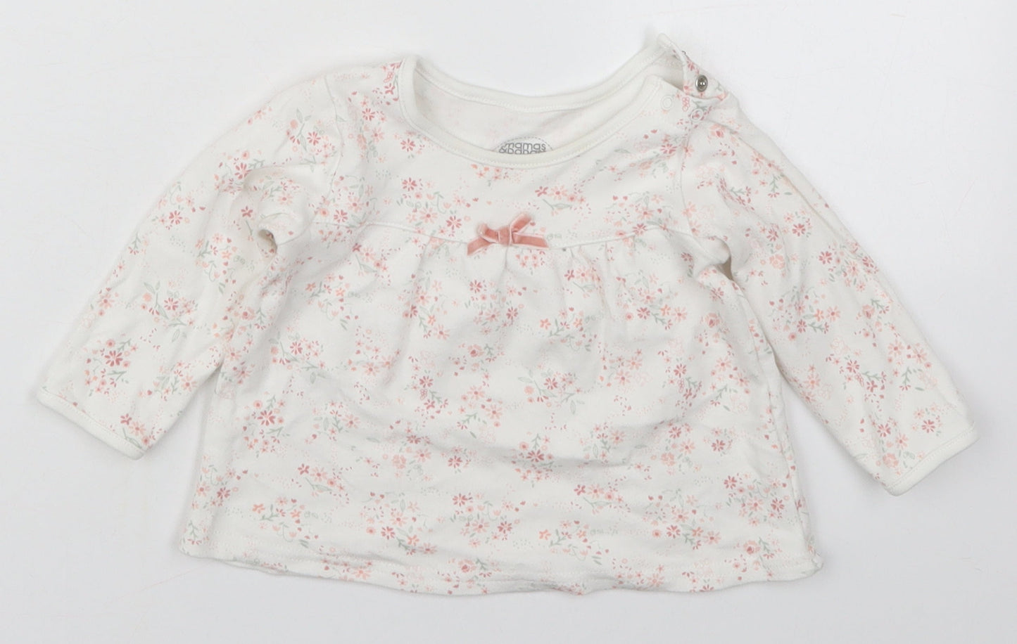 mamas & papas Girls White Floral Cotton Basic T-Shirt Size 6-9 Months Round Neck Button