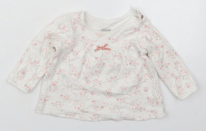 mamas & papas Girls White Floral Cotton Basic T-Shirt Size 6-9 Months Round Neck Button