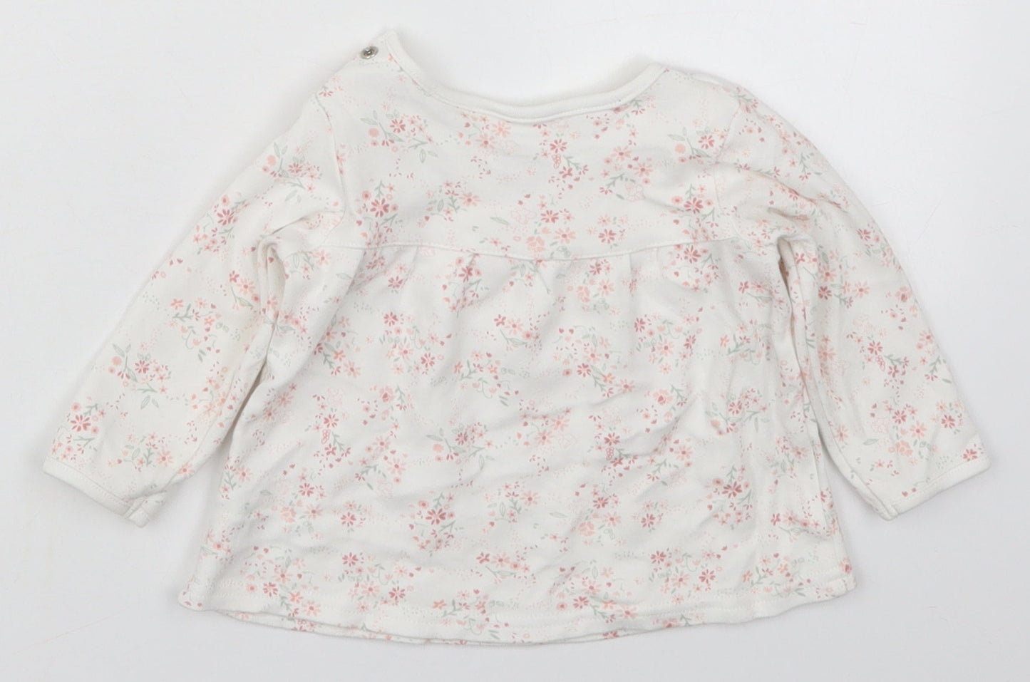 mamas & papas Girls White Floral Cotton Basic T-Shirt Size 6-9 Months Round Neck Button